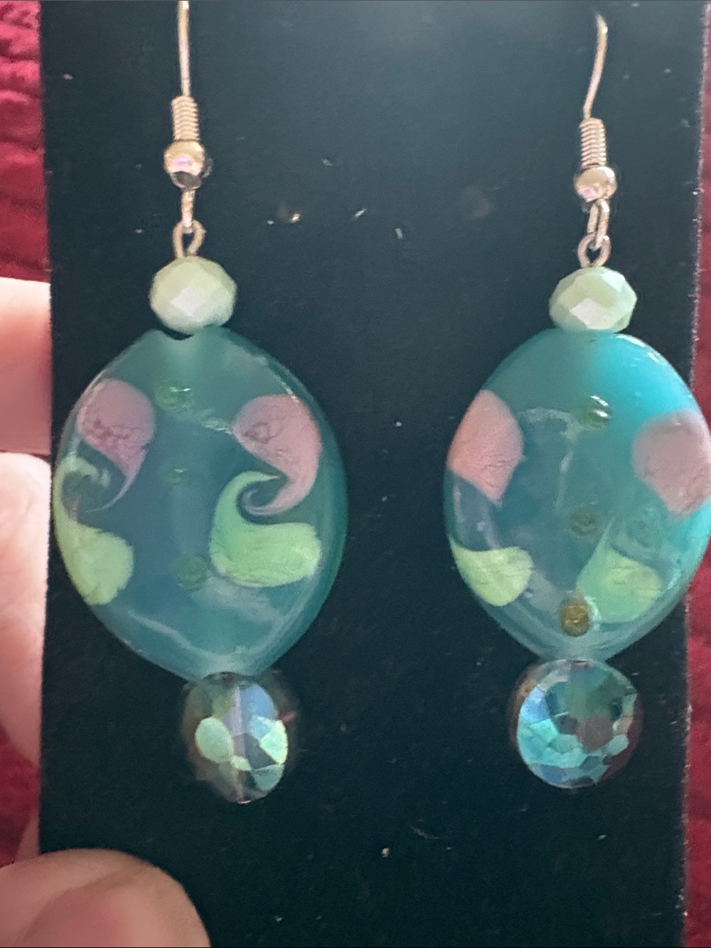 Hand Crafted Teal Glass Dangle Earrings with Pink and Lime Accents